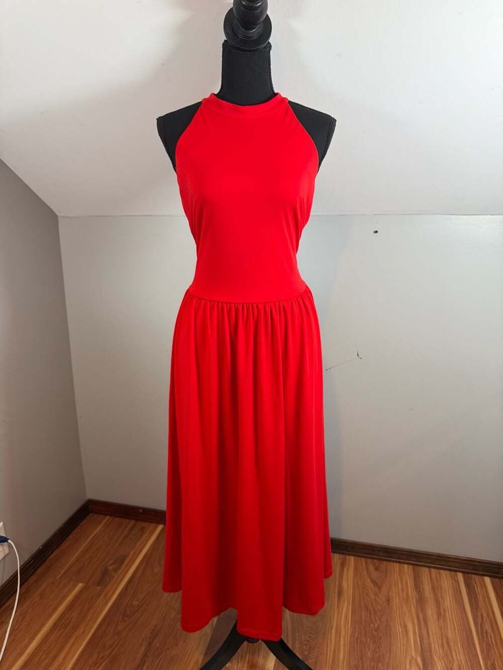 OYS Red High Neck Sleeveless Drop-Waist Midi Dress with Side Pockets and Tie-Bac